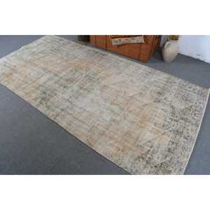 4.4x9.3 ft Large Vintage Turkish Rug, <b>Brown</b> Check <b>Wool</b> Rug - Product Image 4