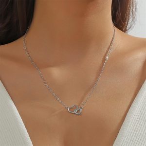 MALOYANVE piccolo doppio cuore ciondolo collana grazioso piccolo argento Sterling con zirconi gioielli amore - Product Image 5