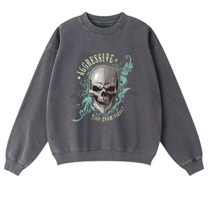 Sudadera personalizada con estampado de calavera y lavado ácido, Jersey vintage de cuello redondo de gran tamaño, 100% de algodón para invierno, ropa de calle para hombres y mujeres - Product Image 5