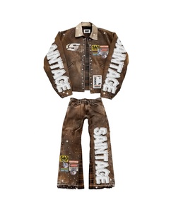 Custom Vintage Washed Denim <b>Jacket</b> & Jeans Set Men's Streetwear 2 Piece Denim Outfit Oversized <b>Rhinestone</b> Patch Embroidery Y2K - Product Image 1