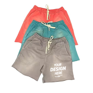 กางเกงขาสั้นผ้าฝ้ายผู้ชายขายส่ง ปักโลโก้ได้ ขอบตัดแบบซันเฟด ล้างสีแบบแอซิดวอช เอวกลาง ลายเรียบ - Product Image 1