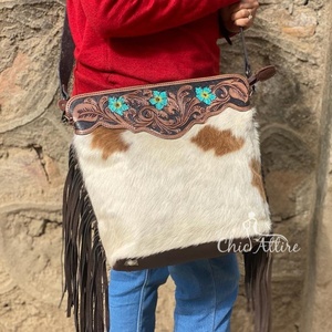 2025 vente en gros sac à main en cuir repoussé véritable peau de vache frange sac à bandoulière sculpture bohème Turquoise fleur sacs à bandoulière pour les femmes - Product Image 1