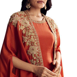 Vente en gros Sharara orange avec cape Zari pour réception de fête de mariage et commandes en gros ethniques personnalisées - Product Image 2