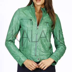 Designer Women's <b>Sheep</b> <b>Skin</b> <b>Jacket</b> Sea Green Beautiful Mandarin Collar Front Zipper Breathable Cotton Satin Filling Quilted - Product Image 1