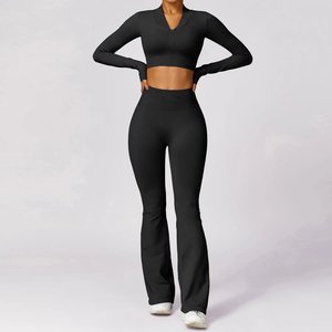 Fitness de cintura alta para mujer, 3-PC, patrón sólido, equipo de entrenamiento de gimnasio, Tops ajustados y mallas acampanadas, un conjunto - Product Image 4
