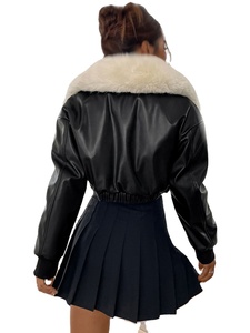 Chaqueta de moto de piel de vaca vintage para mujer, con cuello de pelo largo bordado, cremallera, bolsillos y hombros caídos, ideal para invierno. - Product Image 4