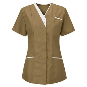 Venta al por mayor personalizado mujeres Hospital uniforme enfermería Scrubs Tops cuello vuelto con tubería blanca cuidado de la salud enfermera túnica superior - Product Image 1