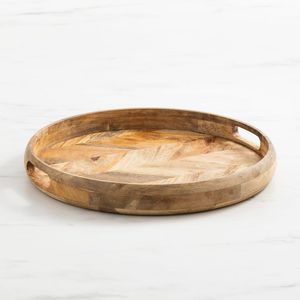 Plateau à thé rectangulaire en noyer à vente chaude avec fines rainures, plateau de service rond sur pied, plateau à gâteau en bois, plateau de service surélevé pour le petit-déjeuner - Product Image 3