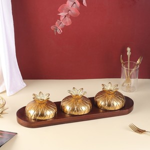 Condiment <b>Canisters</b> Pots Set Nestled in a solid wooden tray each <b>glass</b> container is adorned with a charming pineapple motif - Product Image 5