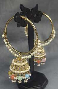 Classic Style Polki Mehandi <b>Hoop</b> Bali Jhumki Earring <b>Floral</b> Shape Made of Brass with Ruby Main Stone for Wedding-SKU 2096 E1 - Product Image 3