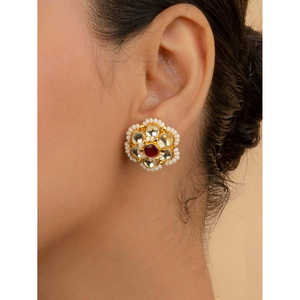 Ensemble de collier Jadau Kundan plaqué or de couleur rose - MS1591YP Bijoux en cuivre et laiton Rubis Perle Diamant Cadeau de mariage principal - Product Image 3