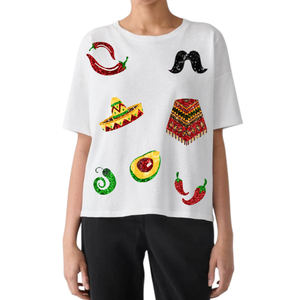 2025 été décontracté Cinco-de-mayo thème lâche doux T-shirts pour femmes sur mesure avec broderie brillante col rond prêt à porter - Product Image 1