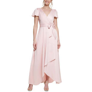 Abito da ballo DKNY da donna in crepe rosa con schiena in raso, maniche a volant, confortevole, linea ad A, disponibile dalla XS alla 10, lungo fino al pavimento - Product Image 1