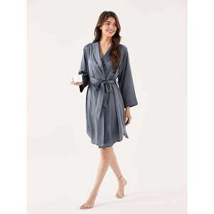 Premium Women's Bamboo Silk Lounge <b>Robe</b> <b>Satin</b> Spandex Breathable Soft Customizable Logo Drawstring for Spring Winter - Product Image 1