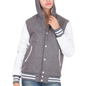 Chaqueta Universitaria con Capucha Gris y Blanca para Mujer, Cuerpo de Lana, Mangas de Cuero, Estilo Letterman, Ropa Exterior Informal y Deportiva, Chaqueta Bomber - Product Image 4