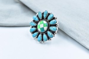 Handmade Mojave Turquoise & Aurora <b>Opal</b> Sterling Silver Checkered <b>Ring</b> Adjustable Statement <b>Ring</b> for Women - Product Image 2