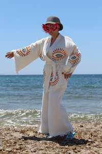 Ensemble de vêtements de maison en coton turc double, doux, lavable, kimono blanc, motif œil, plage, spa, hôtel, maison, bonne qualité, séchage rapide - Product Image 2