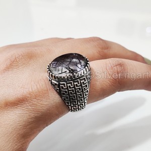 ขายส่งแหวนผู้ชายสีดำธรรมชาติแหวนควอตซ์พลอย April April เครื่องประดับคริสต์มาสอาหรับ925แหวนเงินสเตอร์ลิง - Product Image 3