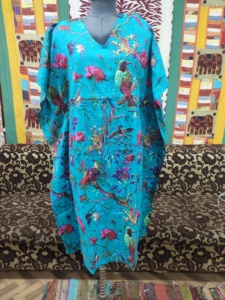 100% algodón puro lujo cuello en V longitud completa Kaftan turquesa pájaro estampado ligero suave ropa de dormir para mujeres Festival de verano - Product Image 3