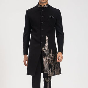 2023 estilizado Zari bordado Sherwani conjunto negro con pantalón a juego y zapato de talla grande transpirable para bodas/fiestas - Product Image 1