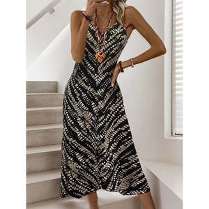 Vestido largo entrelazado con estampado y cuello en V con tirantes finos para mujer, 34849 - Negro - Product Image 1