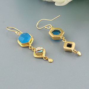 Pendientes de Moda Más Vendidos, Calcedonia Azul con Concha de Abulón, Pendientes Colgantes, Chapados en Oro de 18k, Hechos a Mano, con Gancho de Piedras Preciosas - Product Image 4