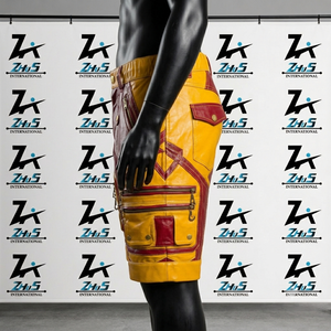 กางเกงขาสั้นหนังเทียมสีแดงเหลืองสำหรับผู้ชาย Zhus International พร้อมซิป เอวกลาง สไตล์เบอร์มิวดา กางเกงขาสั้นหนังผู้ชาย - Product Image 3