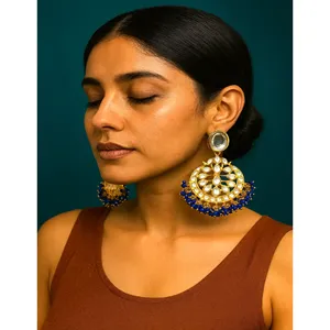 Handcrafted Blue Beaded Zinc Alloy Chandbali <b>Earrings</b> Gold Plated <b>Crystal</b> Rhinestone <b>Studded</b> Wedding Fashion Drop Design - Product Image 1