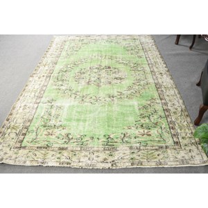 Vintage 5.8x8.8ft tapis turc classique vert Beige Patchwork laine salon tapis Latex support Rectangle rayé couloir - Product Image 1