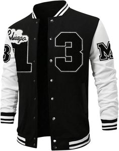 Chaquetas de béisbol de Letterman para hombre, chaqueta universitaria de algodón 100% con parches de números, manga larga con botones, adorno a rayas para hombres universitarios - Product Image 1