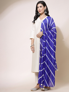 Elegante y Sencillo Conjunto de Duptta Blanco y Azul, Cuello en V, Manga Tres Cuartos, Kurta y Pantalón de Poliéster Cómodo para Verano - Product Image 3