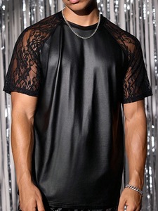 2025 Spring Summer <b>Men's</b> T-<b>Shirt</b> Stylish Patchwork <b>Florals</b> Embroidery Leather Sexy Mesh Short Sleeve Tops 100% Cotton Breathable - Product Image 1