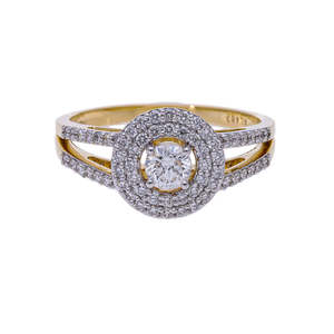 Anillo de diamante natural de oro de 14 quilates con piedra central redonda, ajuste de doble halo y banda de vástago dividido acentuada con diamantes pavimentados - Product Image 6