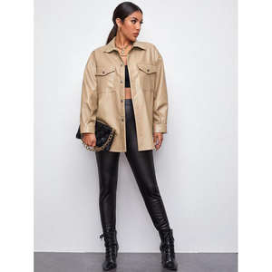 เสื้อเชิ้ตหนังแท้ทรงโอเวอร์ไซส์สำหรับผู้หญิง แขนยาว กระเป๋าคู่ ทรงหลวม ไหล่ตก สไตล์ฮิปฮอป ดีไซน์กระดุม วินเทจ ด้านหน้า - Product Image 4