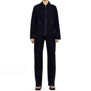 Jeans bleu foncé personnalisés de couleur unie tricotés denim lavé léger respirant bouton droit jeans pour femmes pour tout l'hiver automne - Product Image 1