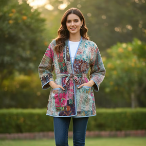 Kimono Stone Wash <b>Kantha</b> 100% Cotton Short Print for Women Soft Mid Rise Casual Style Pockets Belt for Autumn Winter Fashion - Product Image 1