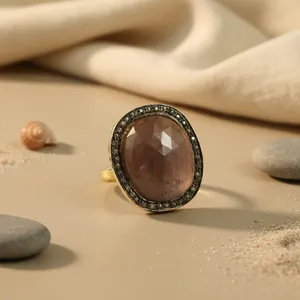 14K Gold Plated Luxury <b>Ring</b> with Brown Gemstone and Diamond Halo <b>Dainty</b> Style Vermeil Rhodium Inlay Setting Purity Jewelry - Product Image 1