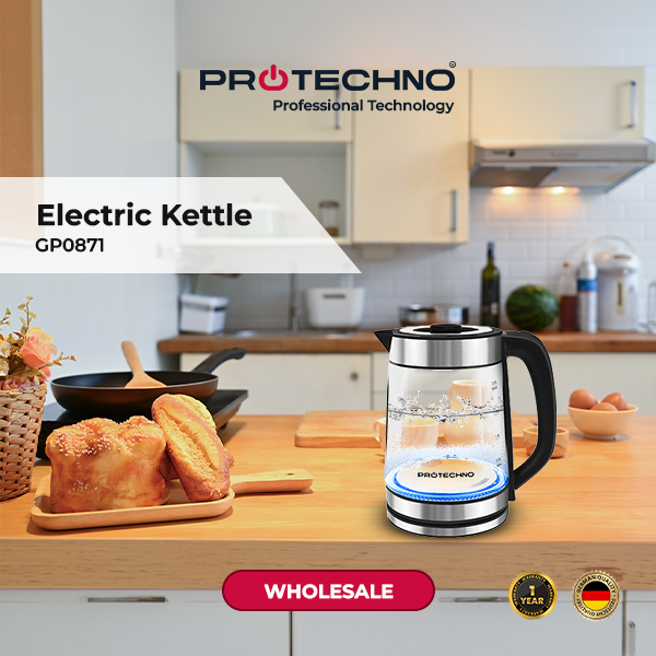 Protechno GP0871 2.0L 2200W Glass Electric Kettle with Blue LED Light Stainless Steel Heating Element Water Tea Boiler Kettle