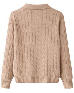 <b>Womens</b> Beige Cable Knit Polo Collar Sweater Long Sleeve Button Placket Soft <b>Warm</b> Winter Casual Pullover <b>Top</b> For Wholesale Buyers - Product Image 2