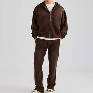 Survêtements personnalisés OEM à capuche en coton 100% délavé à l'acide avec poches zippées, confortables et durables, ensemble deux pièces pour activités de plein air - Product Image 1