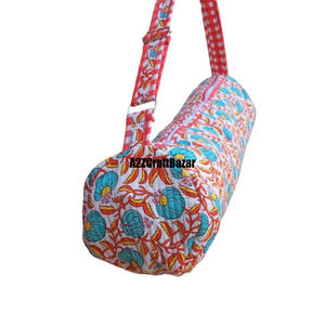 Sac de yoga en coton matelassé imprimé floral bleu fait à la main, support de rangement pour tapis, pliable, grande poche zippée, indien, épaisseur 3 mm - Product Image 2