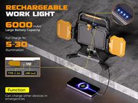 Lampe de travail LED magnétique rechargeable 4000LM 40W 6000mAh avec sortie USB Type C, projecteur portable pour garage, atelier, réparation automobile