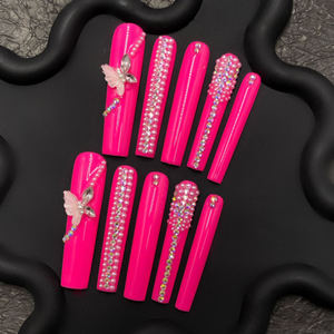 Uñas postizas de lujo, acrílicas rosas, cuadradas, largas, 24 piezas, con diseño de mariposa y diamantes para los dedos. - Product Image 3