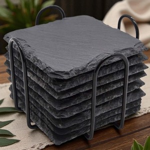 Ensemble de sous-verres en pierre avec support Sous-verres carrés en ardoise de 4 pouces Tapis de boisson en pierre noire naturelle de 4 pouces pour bar et cuisine - Product Image 1