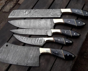 Juego de cuchillos de cocina de 5 piezas de acero de Damasco hechos a mano 2025 con Funda de cuero puro incluye cuchillo de Chef Cleaver pan bistec cuchillo de fruta - Product Image 2
