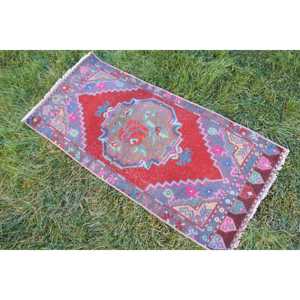 Turkish Rug 1.8x3.3 ft, <b>Red</b> Blue Southwestern <b>Wool</b> Vintage Rug - Product Image 2