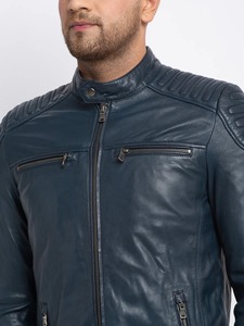 Chaqueta de Cuero Azul para Hombre, Estilo Vintage, Motociclista, Café Racer, con Hombros Acolchados, Cuello Alto, Capucha, Secado Rápido - Product Image 6
