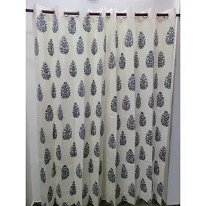 Cortinas y Cenefas de Algodón Estampadas a Mano Vinayakam, Blanco Bass Mugal Azul Butta, 8 Lazos - Product Image 6