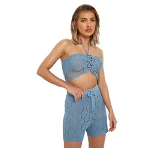 女式2023/24夏季穿天蓝色钩针蕾丝沙滩装松紧腰短裤批量出售