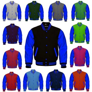 Premium hommes Letterman Baseball Varsity Bomber veste toile coupe-vent hiver bleu Royal rose laine manches en cuir véritable - Product Image 5